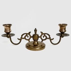 Antique 1880s Victorian Brass Double Arm Candelabra Ornate Scroll Candle Holder